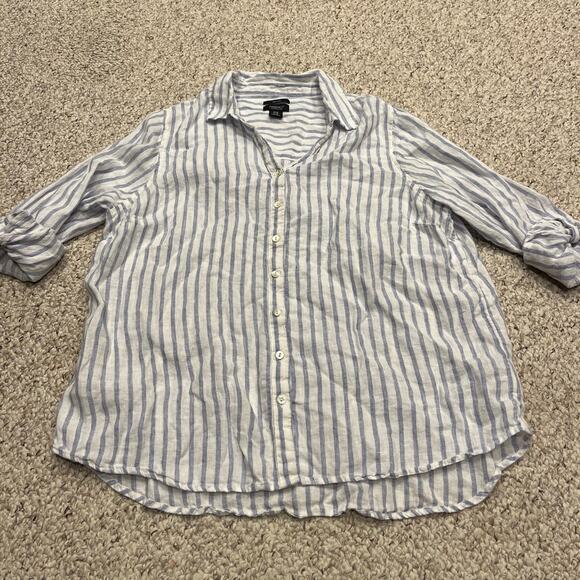 Jones & Co 100% Linen Stripe Button Down Shirt Womens Sz 1X Roll Tab Coastal - Picture 1 of 6